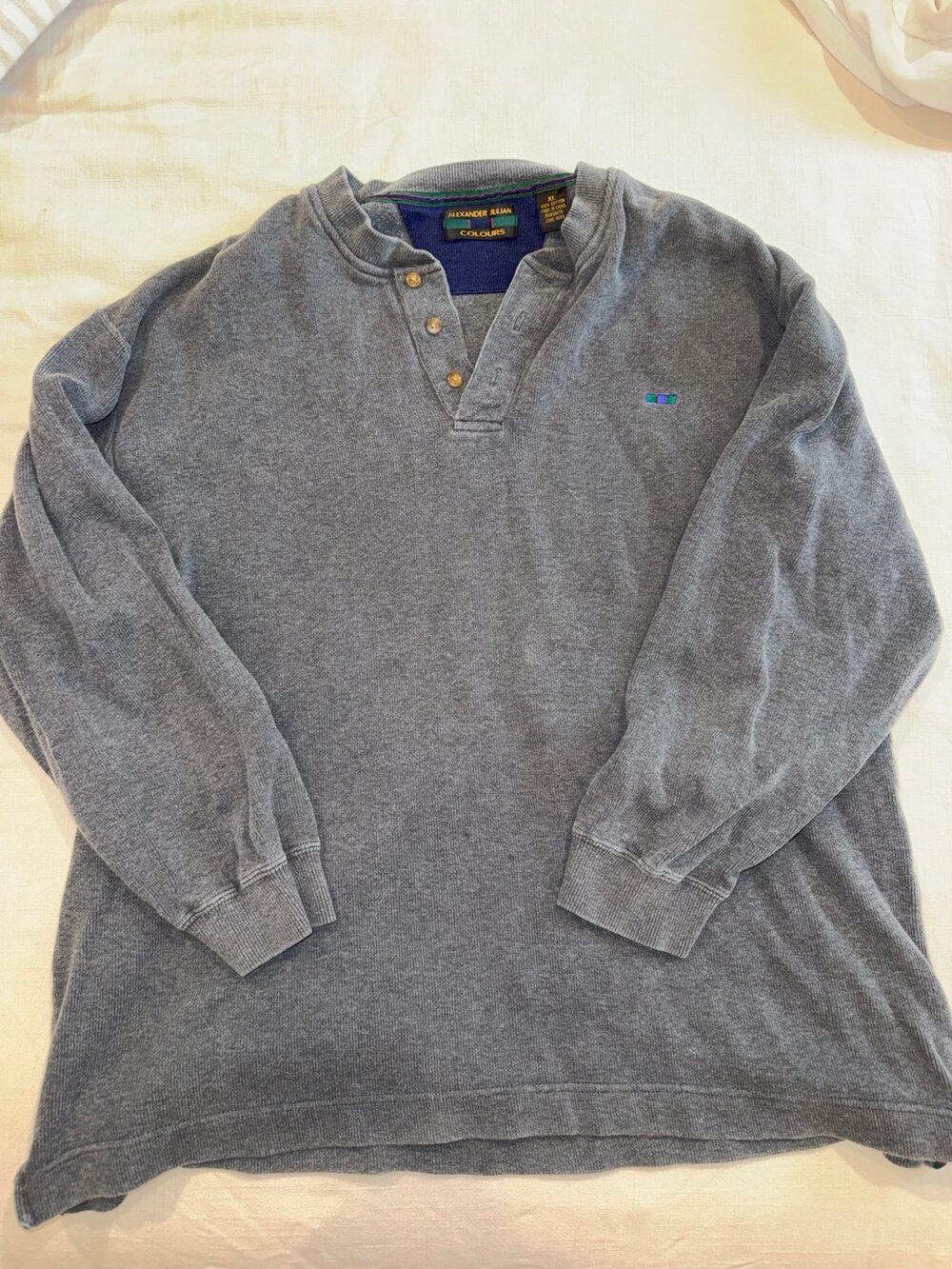 Alexander Julian Colours Gray 100% Cotton Henley Pullover Sweater Size XL